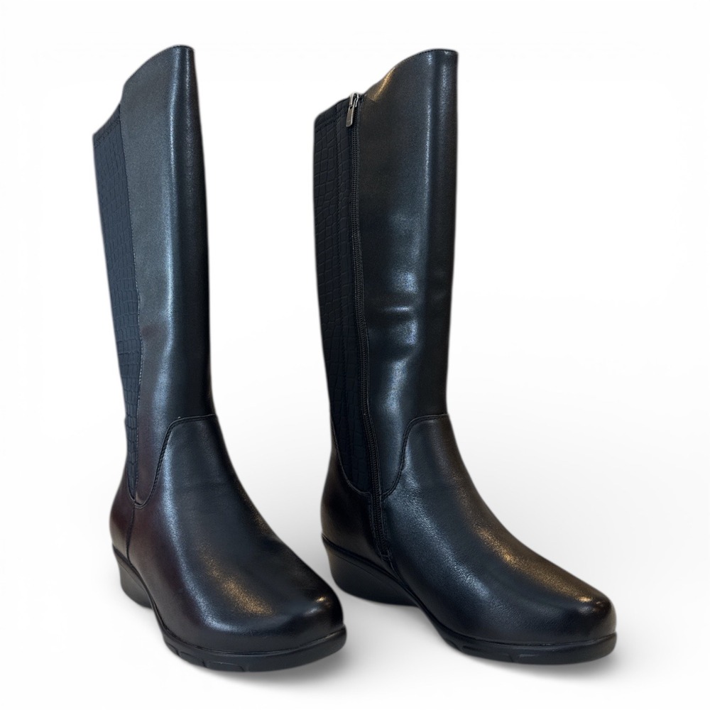 Propét‎ Women's Black Knee High Boots WFX195L Sz 7.5 Stretch Calf Extra Wide NIB